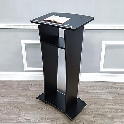 FixtureDisplays® 23.8x15x46.7" Acrylic Church Podium Pulpit Debate Conference Lectern Plexiglass Lucite Black Wood Shelf on Wheels 1803-5-BLACK-NEW-2D