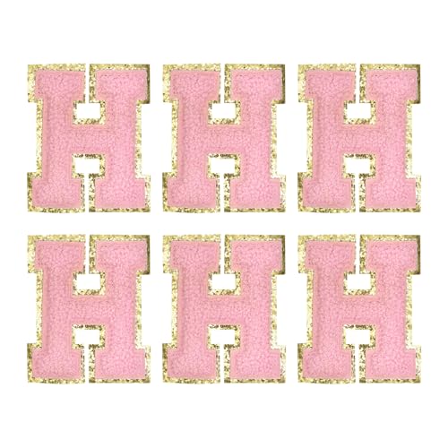 MECCANIXITY Chenille Letter Patches 2.2" Self Adhesive Alphabet H Stick on Embroidered Patch Sew on Letter Stickers Applique for Repairing Clothing Jeans Shoes Hats DIY(Pink, Pack of 6) - style: Letter-H