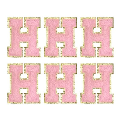 MECCANIXITY Chenille Letter Patches 2.2" Self Adhesive Alphabet H Stick on Embroidered Patch Sew on Letter Stickers Applique for Repairing Clothing Jeans Shoes Hats DIY(Pink, Pack of 6) - style: Letter-H