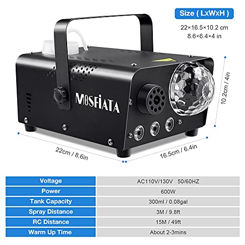 MOSFiATA Fog Machine with Disco Light 600W Smoke Machine RGB LED lights, 2500 CFM Spray, Remote Control, Perfect for Halloween, Christmas, Wedding, Party, Club, DJ Stage Effect