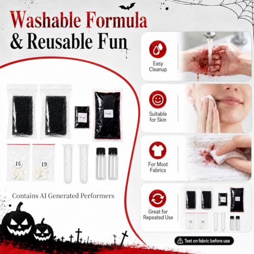 RAINFLOW 10PC Halloween Fake Blood Kit with Zombie Teeth for Cosplay Makeup | Zombie Teeth, Thermoplastic Beads, Fake Blood and Makeup Sponge for Cosplay Costume Special Effects Bruise Scar Makeup