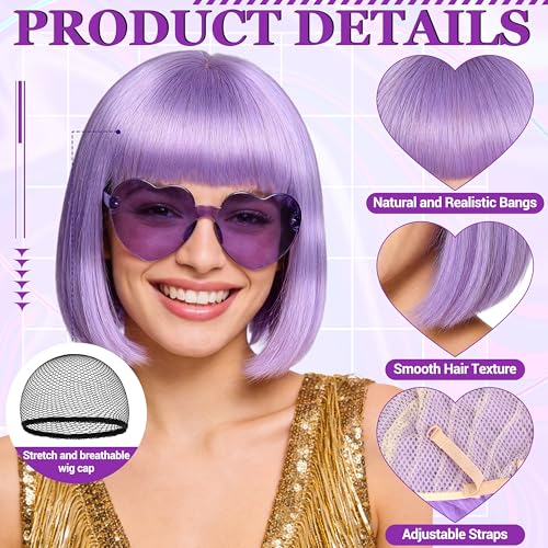 Short Bob Straight Hair Wigs with Bangs, Heat Resistant Fiber Hair, Heart-shaped Glasses for Women (Pink-Purple) - color: Pink-Purple