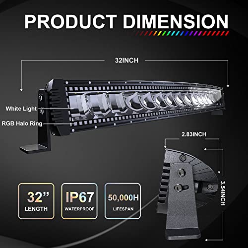 Lpteso RGBW Curved LED Light Bar 32Inch 180W Flood Spot Combo Beam 2PCS 4 Inch 18W Flood RGB LED Pods with 16 Solid Colors Chasing RGB Halo Ring Changing with Strobe Flashing with Rocker Switch Wiring - size: 32Inch RGB Curved LED Light Bar