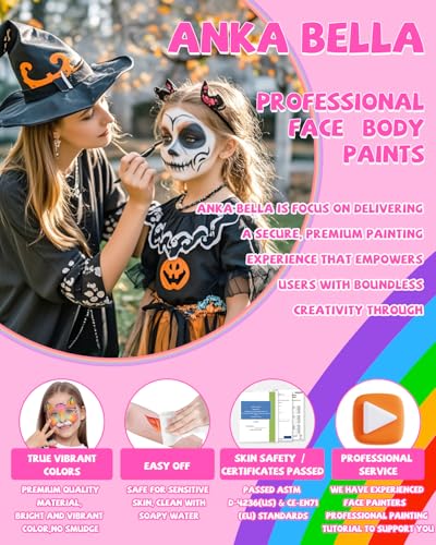 Anka Bella Professional Face Painting Kit for Kids Adults,Water Activated Split Cake Face Paint(12x10gm),Non-Toxic Face Paint Palette for Birthday Parties/Halloween/Carnival - color: Macaron Rainbow Cake
