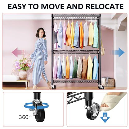 IZEUK Heavy Duty Rolling Garment Rack Wire Clothes Rack for Hanging Clothes (Black, 3 Tier with 2 Rod, 15.7" D x 45.3" W x 79.6" H) - color: Black, size: 3 Tier with 2 Rods, 15.7"D x 45.3"W x 79.6"H