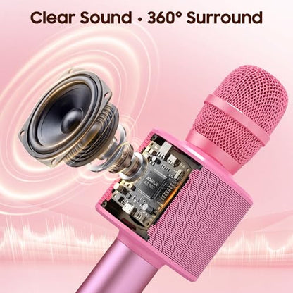 BONAOK Wireless Bluetooth Karaoke Microphone, 3-in-1 Portable Handheld Mic Speaker Machine with Built-in Non-Detachable Battery, for All Smartphones, Gifts to Girls, Boys Kids Adults All Age - color: Pink
