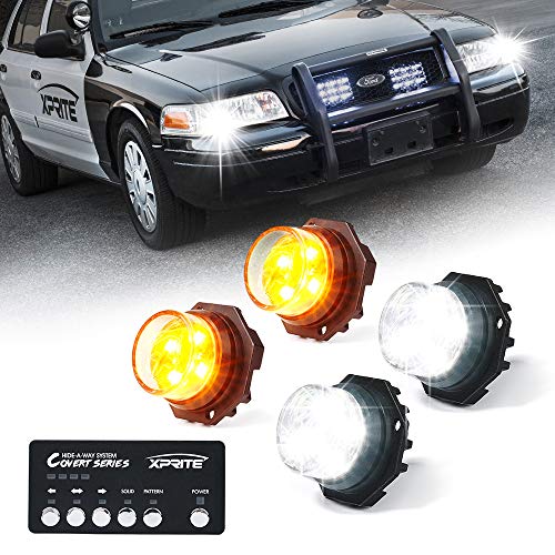 Xprite White Amber LED Hideaway Strobe Lights Kit, 20 Flash Modes w/Control Panel Headlights Taillights Fog Light Interior Mounting for Construction Towing Snow Plow Pickup Work Trucks Cars 4 PCS - color: White Amber, size: 4 pcs
