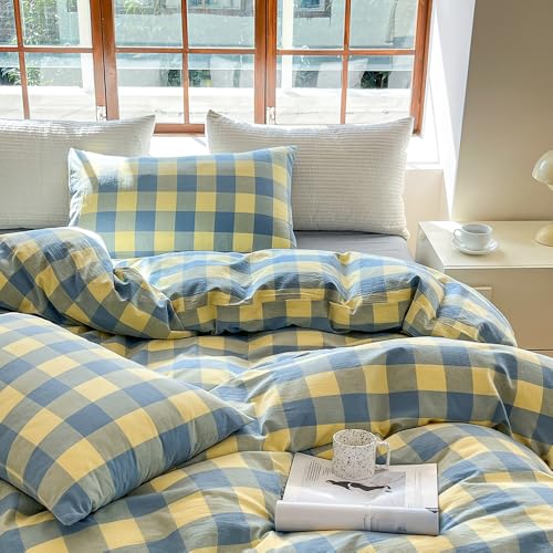 FACE TWO FACE Bedding Duvet Cover Set100% Washed Cotton Duvet Cover Linen Like Textured Breathable Durable Soft Comfy (Twin, Blue Yellow Grid) - color: Blue Yellow Grid, size: Twin