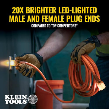 Klein Tools EXC2515 12/3 SJEOW 25-Foot Extension Cord, LED Ends, Daytime Visibility, Flexible in Cold Weather, 99.9% Copper Wire, 15A, Indoor/Outdoor