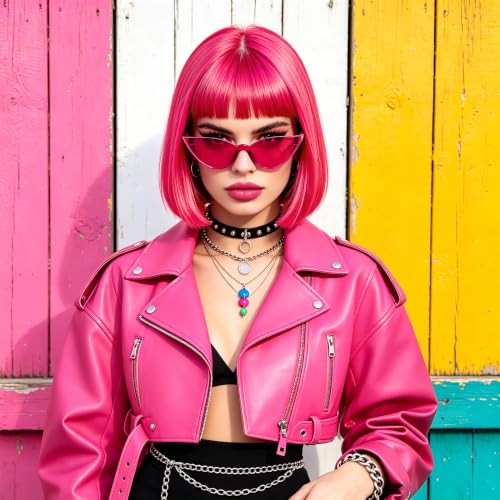Short Bob Straight Hair Wigs with Bangs, Heat Resistant Fiber Hair, Cat Eye Glasses for Women (Hot Pink) - color: Hot Pink