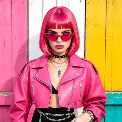 Short Bob Straight Hair Wigs with Bangs, Heat Resistant Fiber Hair, Cat Eye Glasses for Women (Hot Pink) - color: Hot Pink