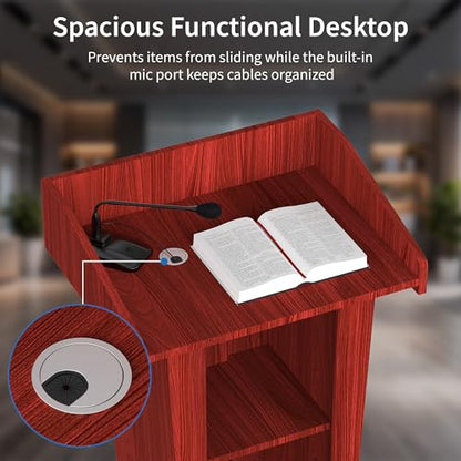 Tredre Wooden Podium Stand with Wheels, 41”–54.5” Height Adjustable Lectern | Mobile Podium with Crank Lift, Stable Base & Storage Shelf, Elegant Pulpit for Churches, Schools, Seminars and Auditoriums - color: Dark Cherry