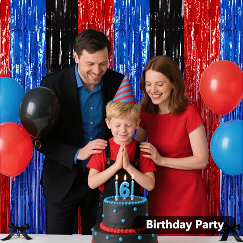 BEISHIDA 3Pcs Red Blue Black Door Streamers Backdrop Foil Fringe Tinsel Curtains Backdrops for Spider Theme Birthday Party Supplies (3.28 ft x 6.56 ft) - color: 3 Pack-red blue black