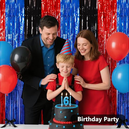 BEISHIDA 3Pcs Red Blue Black Door Streamers Backdrop Foil Fringe Tinsel Curtains Backdrops for Spider Theme Birthday Party Supplies (3.28 ft x 6.56 ft) - color: 3 Pack-red blue black