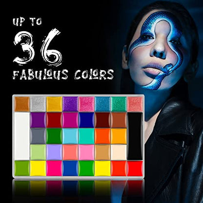 CCbeauty 36 Colors Face Paint,Professional Face Painting Kit,Neon Body Paint Palette Kit,Non-Toxic Special Effect SFX Makeup Kit,Halloween Costume Cosplay For Adult,Translucent Loose Powder,10 Brushes - color: 36 Colors With Loose Powder And 10 Brushes