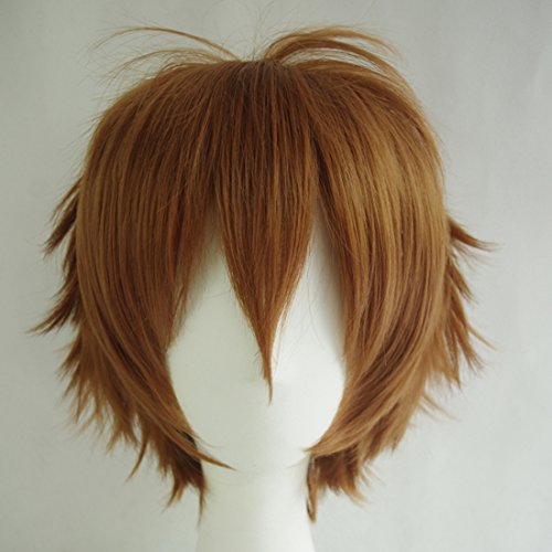 LABEAUTÉ Short Fresh Brown Anime Cosplay Wig Male Men Anime Layered Unisex Heat Resistant Hair Wig with Bangs for Party and Halloween for Gift + Free Cap - color: Fresh Brown