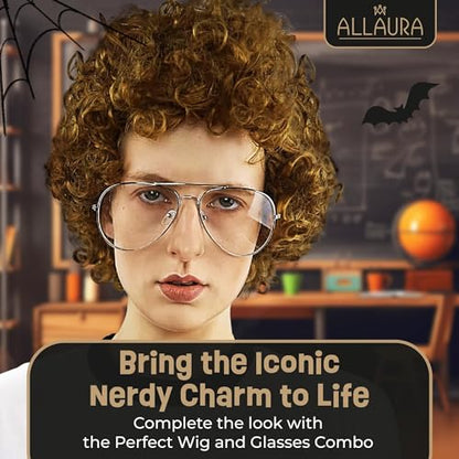 ALLAURA Compatible with Napoleon Dynamite Wig – Pedro Costume Set with Glasses & Brown Afro Nerd Hair for Adults – Funny 80s Halloween Outfit, Retro Cosplay, Movie-Inspired Party or Couples Costume - color: 12-Brown