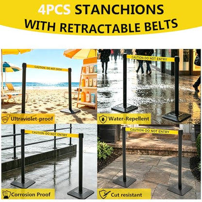 4 Pack Crowd Control Stanchions with 10FT Retractable Yellow Belt – 41" Black Queue Barriers with Heavy Rubber Base (Belt Printed “Caution-Do Not Enter”) for Hotel, Airport, Bank, Store, Event - color: CAUTION-DO NOT ENTER BELT