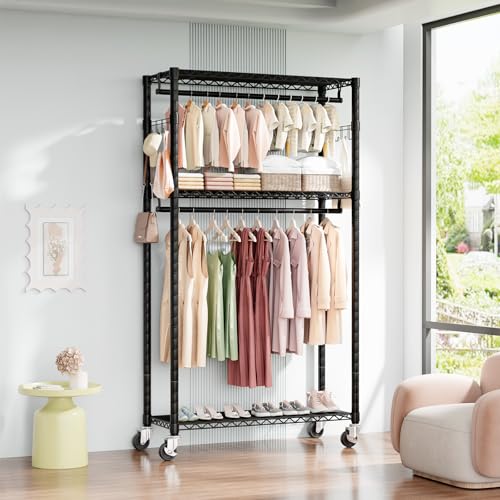 Heavy Duty Rolling Clothes Rack 3 Tiers, Metal Clothing Rack with Wheels, Adjustable Double Garment Rack, Closet Organizer System with 23.6" W x 15.7" D x 76" H, Max Load 400Lbs (Black) - color: Black, size: 23.6" W x 15.7" D x 76" H
