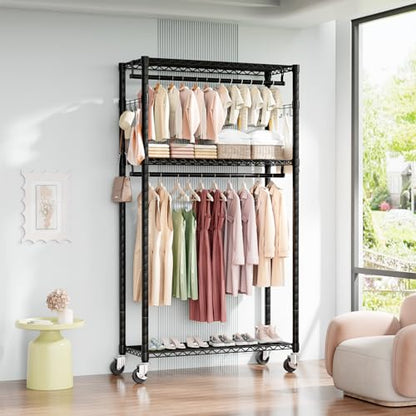 Heavy Duty Rolling Clothes Rack 3 Tiers, Metal Clothing Rack with Wheels, Adjustable Double Garment Rack, Closet Organizer System with 23.6" W x 15.7" D x 76" H, Max Load 400Lbs (Black) - color: Black, size: 23.6" W x 15.7" D x 76" H