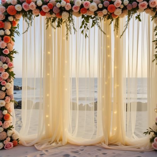 10 FT x 10 FT Champagne Backdrop Curtain - Tulle Backdrop Curtain with 9.8FT Lights String - Sheer Backdrop Curtains with 4 Inch Rod Pockets for Birthday Party Weddings Baby Shower Photo Booth Props - color: Champagne, size: 10ft×10ft