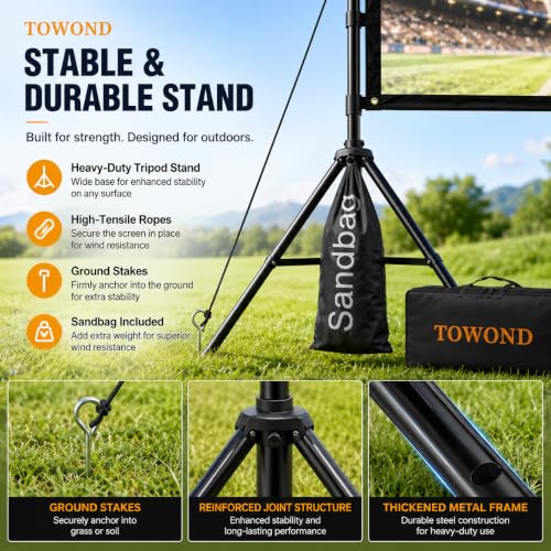 120 Inch Projector Screen with Stand for TOWOND Outdoor 4K Backyard Movies | Lightweight 19mm tripod, front/rear 16:9 screen and carry bag for backyard movie nights, camping and indoor use.