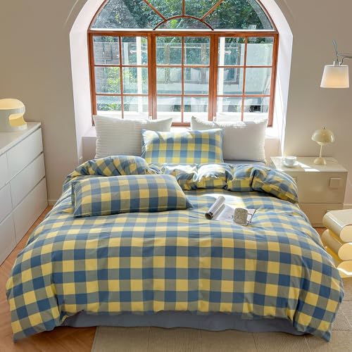 FACE TWO FACE Bedding Duvet Cover Set100% Washed Cotton Duvet Cover Linen Like Textured Breathable Durable Soft Comfy (Twin, Blue Yellow Grid) - color: Blue Yellow Grid, size: Twin