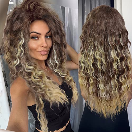 26 inch Long Curly Wigs for Women Brown Mixed Blonde Wig with Highlights - color: Brown Mix Blonde