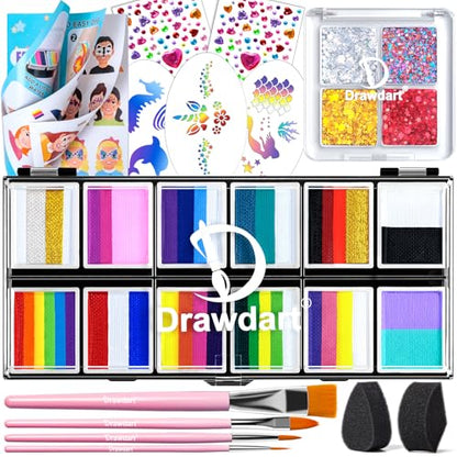 Drawdart Professional Face Painting Kit for Kids Adults, Rainbow Split Cake Face Paint Palette 12 x 10gm+ 4 Colors Pro Pressed Glitter Eyeshadow Palette, with Brushes Sponges Gems Stencils - color: Faerie