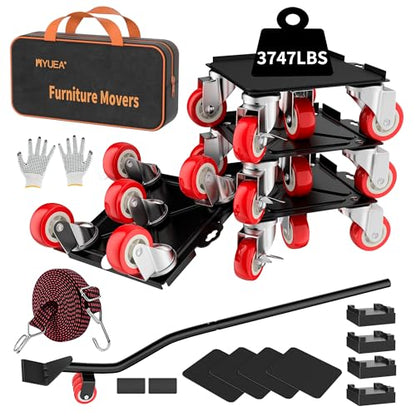 MYUEA Furniture Dolly,Furniture Movers with 5 Wheels,Carbon Steel Panel Heavy Duty Dolly,Maximum Load 3747 LBS,Furniture Lifter with 5 360° Rotatable Rubber Universal Wheels(Black,8.26x7.87 in) - color: Black, size: 8.26x7.87 IN
