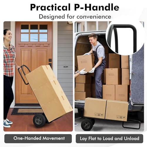Goplus Hand Truck, P-Handle Hand Truck Dolly with Vertical Loop Handle, 10” Wheels, 15” x 9” Foldable Nose Plate, 660 LBS Capacity, Heavy Duty Metal Dolly Cart for Lifting, Moving, Delivery, Stairs