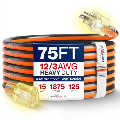 75ft Outdoor/Indoor Extension Cord 12/3 Gauge Extra Heavy Duty 3 Prong SJTW, Waterproof, Flexible Cold-Resistant Long Power Cord,15A 125V 1875W, Orange and Black by LifeSupplyUSA
