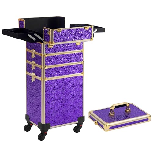 Somduy Rolling Makeup Case, Makeup Train Case with Lid, 5 in 1 Cosmetology Case on Wheels, Christmas Gift, Large Makeup Organizers, Profesional Cosmetic Case for Salon Barber, Purple Gold - color: Purple Gold