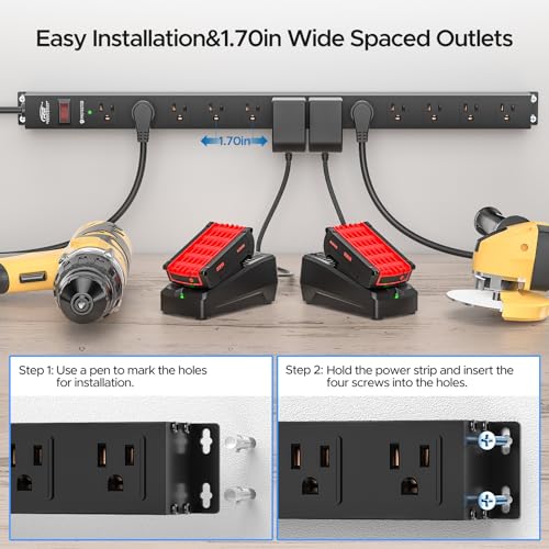 CRST 12-Outlet Long Power Strip with 2100J Heavy Duty Surge Protector, 15FT | Mountable Power Strip, Wide Spaced Outlets for Industrial Garage Commercial(15A/1875W) - size: 15 FT