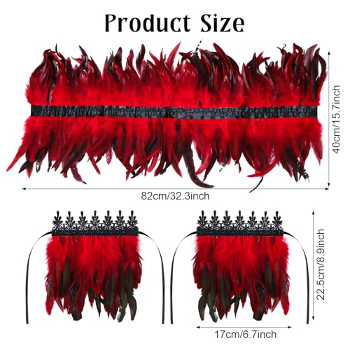 2Pcs Witch Feather Shawl Wrist Cuff for Women | Gothic Crow Shrug Shawl, for Halloween, Feather Costume Accessories - color: Red