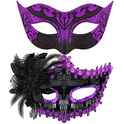 SIQUK Couple Masquerade Masks Set Venetian Party Mask Costume Mask - color: Black & Violet