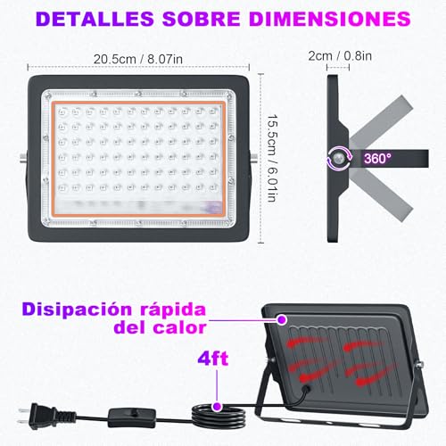 2 Pack 50W LED Black Light, Blacklight Flood Light with US Plug and Switch | IP66 Waterproof Black Lights for Neon Glow Party Glow in The Dark, Halloween, Body Paint, Fluorescent Poster - size: M-72LED