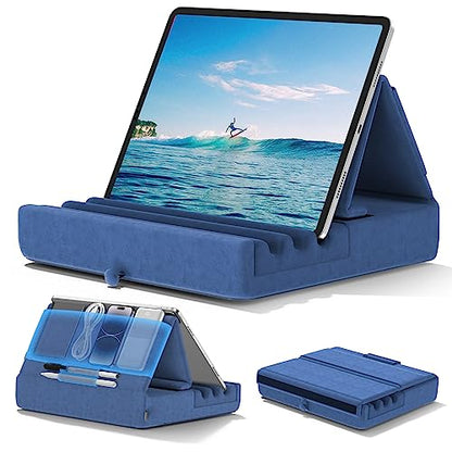 KDD Tablet Pillow Holder, Foldable iPad Stand for Lap, Bed and Desk -Tablet Soft Pad Dock with Pocket & Stylus Mount Compatible with iPad Pro 12.9, 10.5, 9.7 Air Mini 6 5 4 3, Galaxy Tab,E-Reader - color: Blue