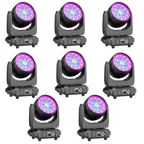 Stage Moving Head Light 19x15W LED Beam Adjustable Focus RGBW with Zoom Beam Wash Effect DMX512 Control,540° Rotation,Auto/Sound-Activated Modes for Concerts,Events,Stage Lighting (8 Pack)