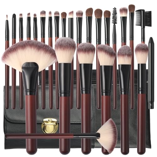 Makeup Brushes Set with 2 PU-Leather Bags, 26-Pcs, Red