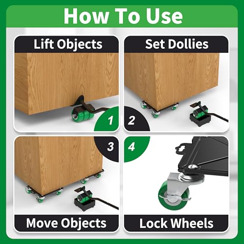 Heavy Duty Furniture Dolly 360 Rotate 5 Wheels 3400 Lbs Capacity 8.6x7.8 in | Upgraded Furniture Movers with Green Wheels, Measure Tape & Leveler, Alloy Steel Furniture Lifter Tool for Home & Office Uses - color: Green, size: 8.6x7.8 IN