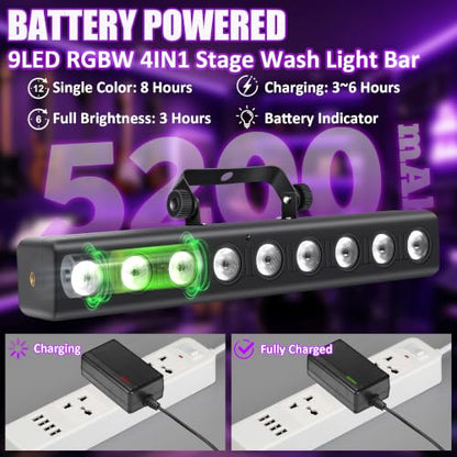 Battery Powered Stage Light Bar,2Pack 9LED RGBW 4IN1 Rechargeable Stage Wash Lights Bar Built-in 5200mAh Battery Remote Control Sound Activated DMX512 Uplights for DJ Party Stage Wedding Club