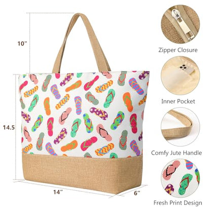 Trifabricy Beach Bags for Women,Waterproof Straw Beach Tote Bag With Zipper - color: Slippers
