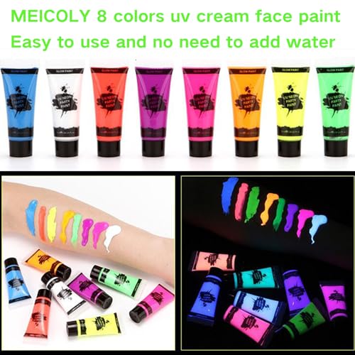 MEICOLY Glow Blacklight Face Paint,Neon UV Body Paint Set of 8 Tubes Blacklight Reactive Paints,Glow in the Dark Body Paint Neon Party Supplies,Neon Fluorescent Face Paint Blacklight Glow Makeup - color: 8 colors glow uv blacklight face body paint
