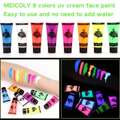 MEICOLY Glow Blacklight Face Paint,Neon UV Body Paint Set of 8 Tubes Blacklight Reactive Paints,Glow in the Dark Body Paint Neon Party Supplies,Neon Fluorescent Face Paint Blacklight Glow Makeup - color: 8 colors glow uv blacklight face body paint