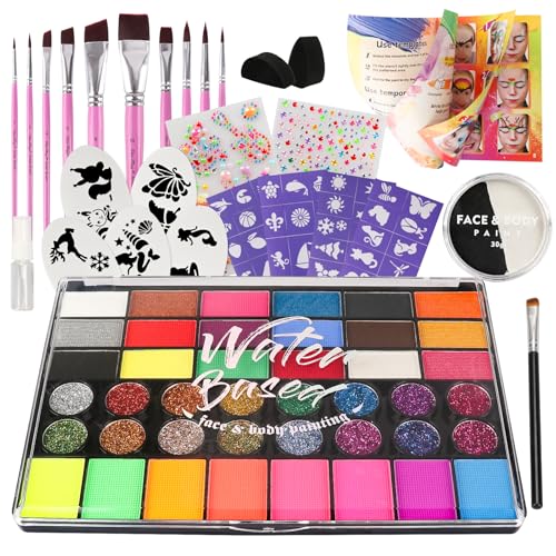 PINTADA 42 Color Face Painting Kit for Kids + 30g Black & White - Non Toxic Water Activated Face paint palette with Stencils, Brushes, Gems - For Halloween Makeup, Carnival, Parties & Cosplay - color: 42 Colors With Professional Brush Set