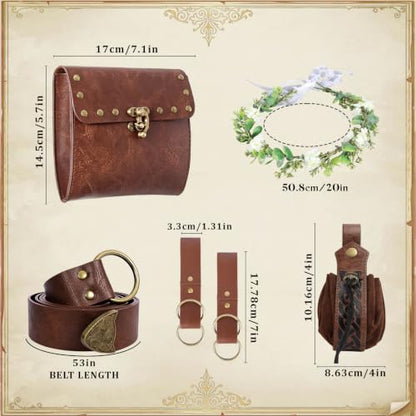 Renaissance Belt Pouch Set with Wreath - Renaissance Accessories with Pirate Belt Pouch for Halloween Cosplay & LARP - color: Brown-g