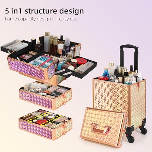Somduy Rolling Makeup Case, Makeup Train Case with Lid, 5 in 1 Cosmetology Case on Wheels, Christmas Gift, Large Makeup Organizers, Profesional Cosmetic Case for Salon Barber, Bright Pink - color: Bright Pink