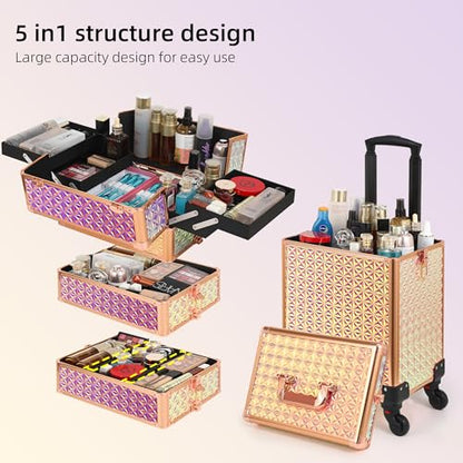 Somduy Rolling Makeup Case, Makeup Train Case with Lid, 5 in 1 Cosmetology Case on Wheels, Christmas Gift, Large Makeup Organizers, Profesional Cosmetic Case for Salon Barber, Bright Pink - color: Bright Pink