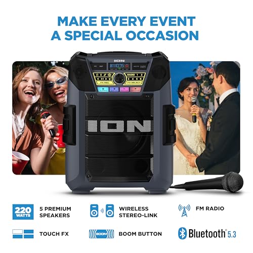 ION Block Rocker XL 220W Bluetooth Outdoor Speaker with Wheels | Water Resistant, Radio, Karaoke Mic, USB Charging, Stereo Linking, Bass Boost and App Control, for Parties and Outdoor Events - style: 220W water-resistant